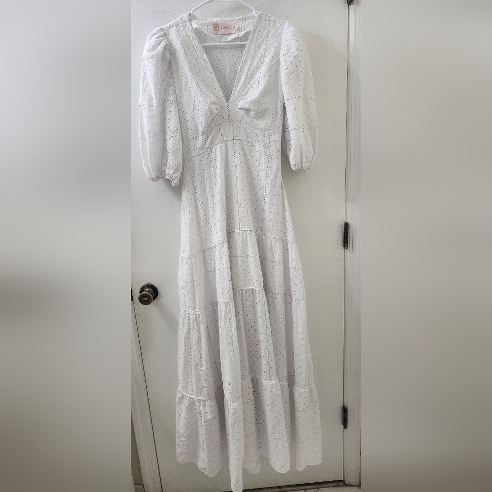Liliana Meza White Eyelet Maxi Dress with Puff Sleeves, Extra Small.